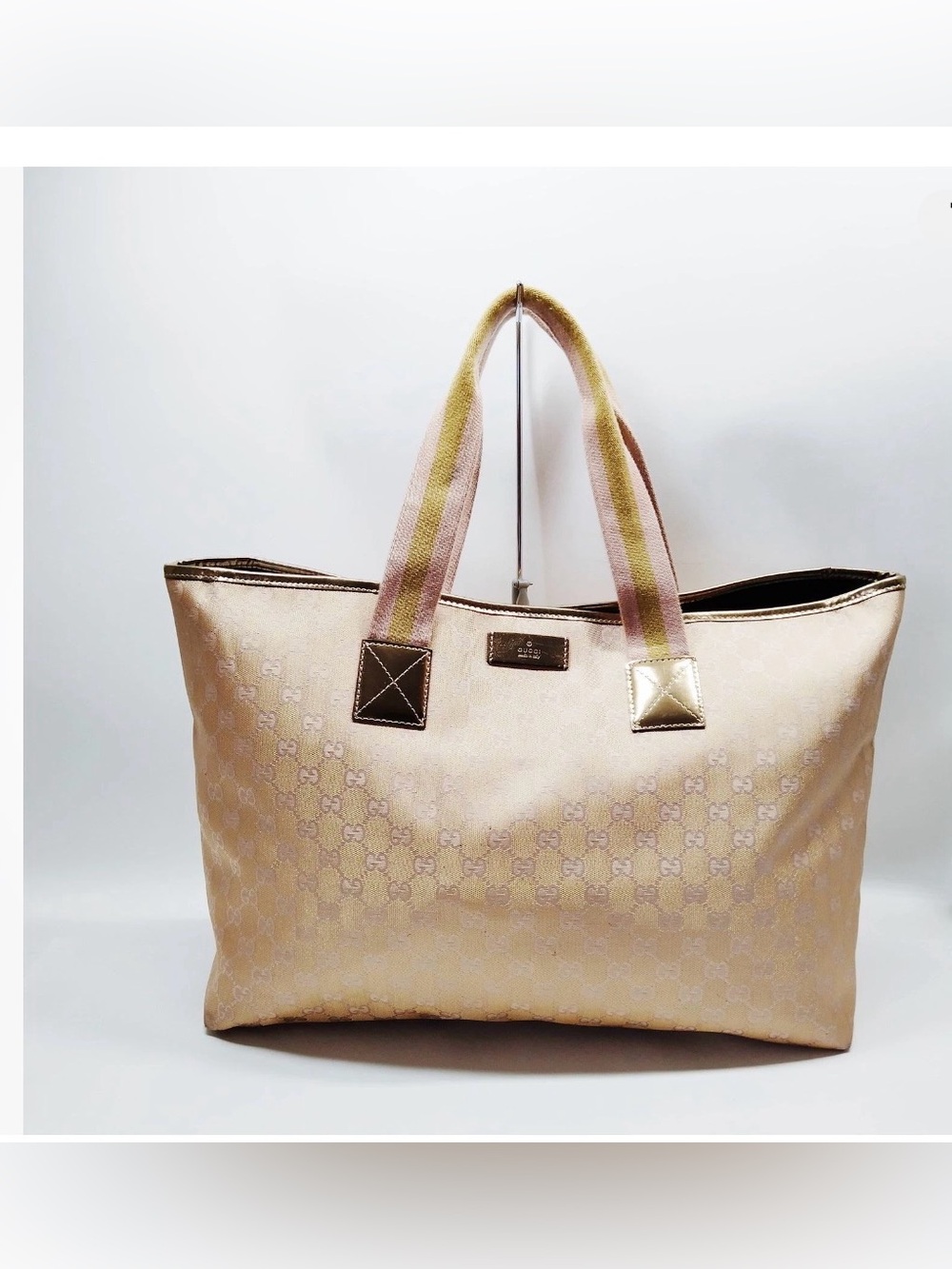AUTHENTIC Gucci Pink and Beige Signature Tote with Striped Handles